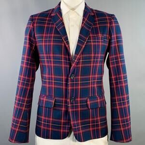 MR TURK Size 42 Navy Orange Pink Plaid Polyester Blend Sport Coat